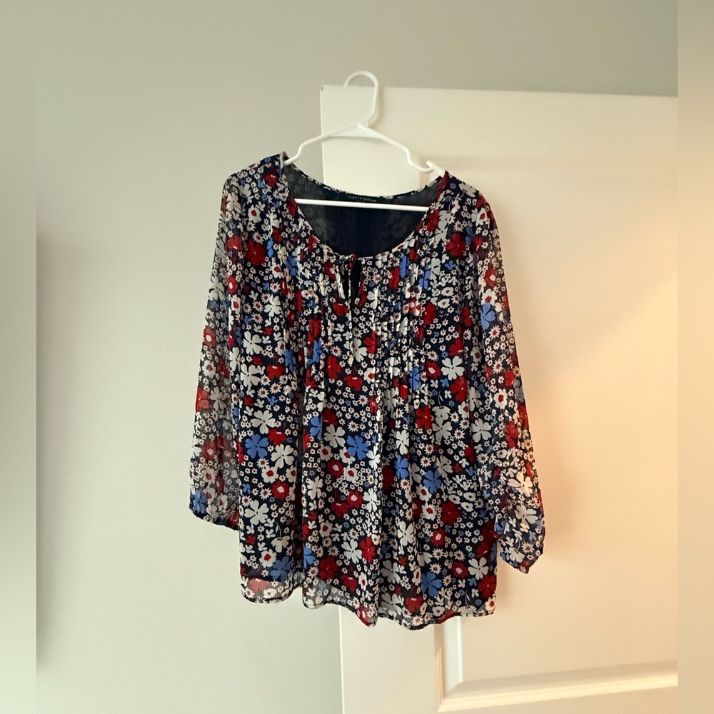 Tommy Hilfiger Navy Floral Peasant Blouse with Red & Blue Accents